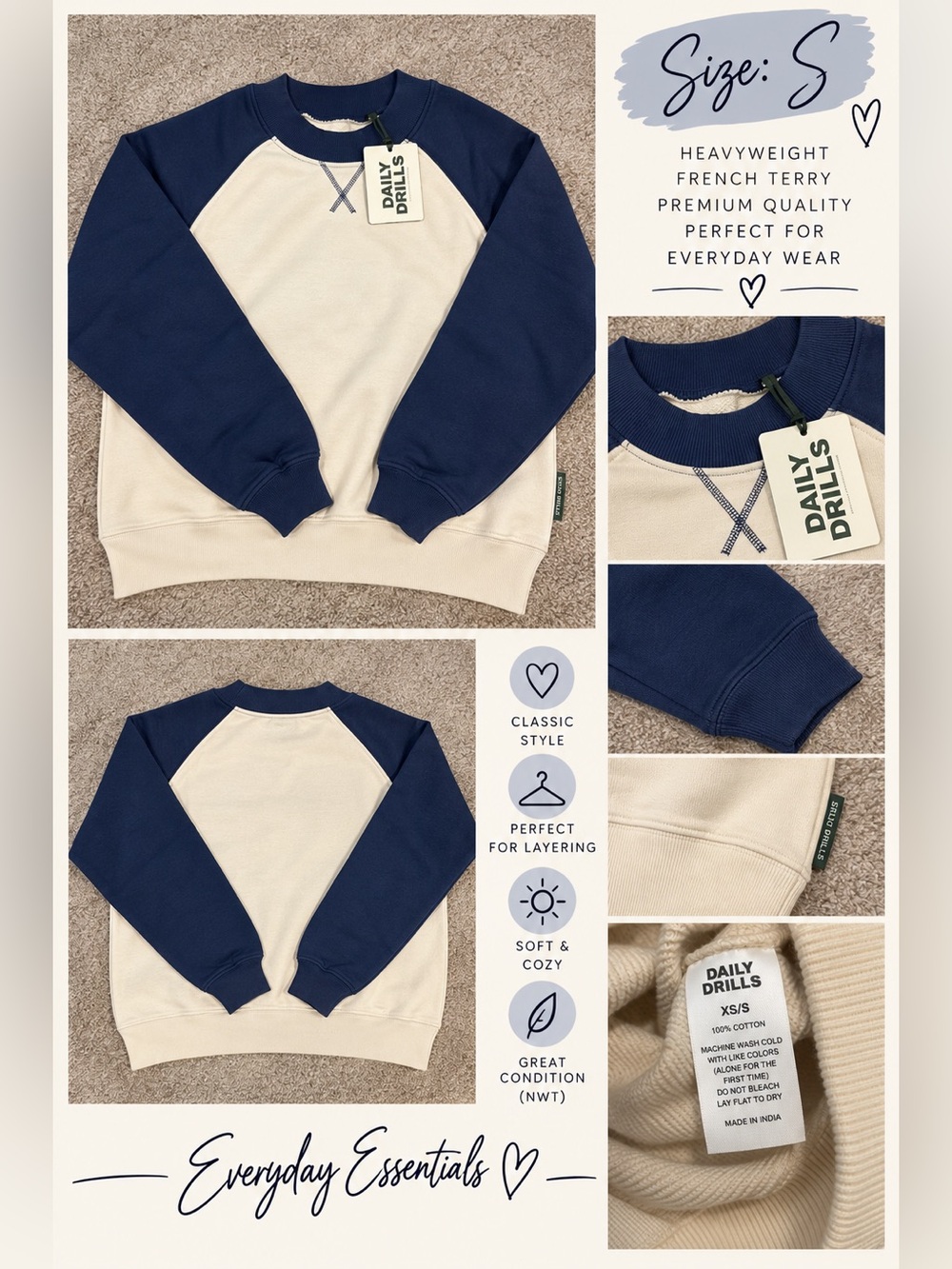 Daily Drills Heavyweight Vintage Raglan Crew - Navy + Sand XS-S